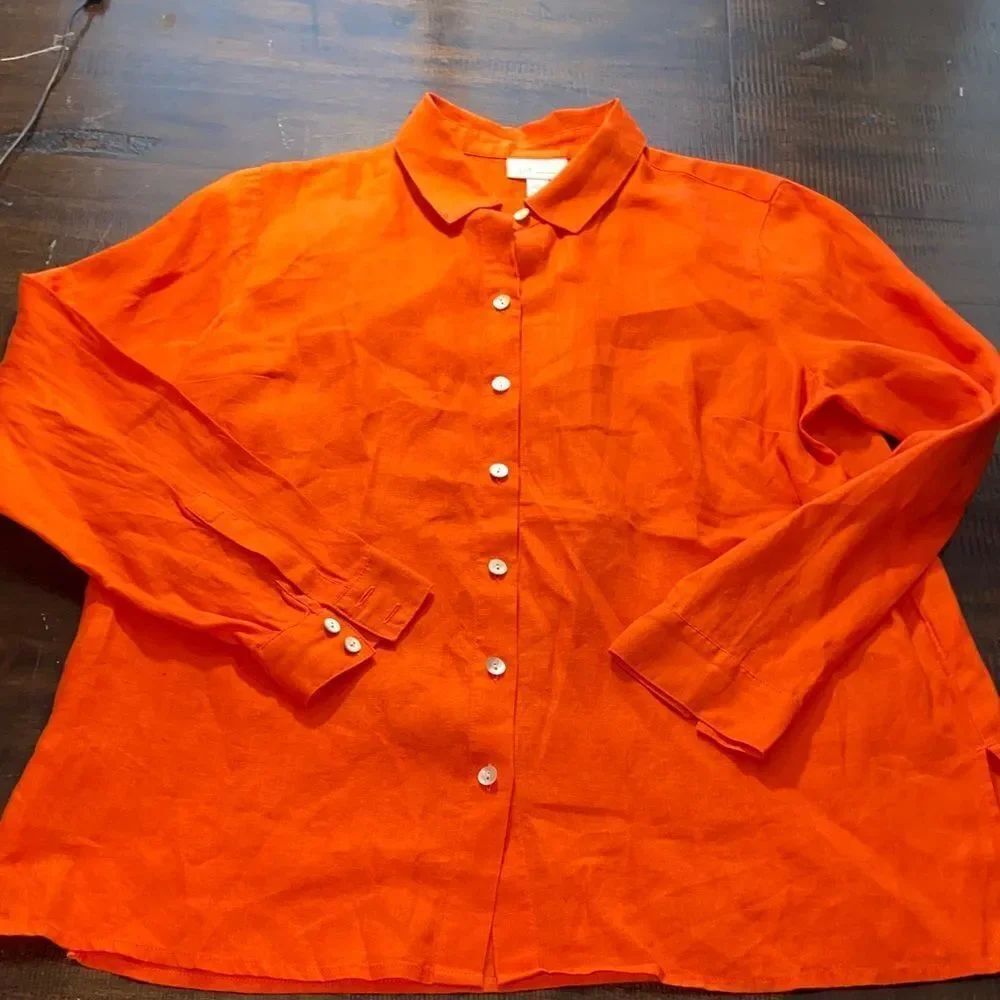 J. Jill Bold Orange Linen Shirt Fall wardrobe Ladies small